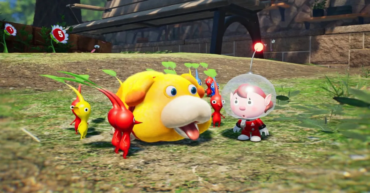 Otachi and a bunch of Pikmin happily looking at the new character in Pikmin 4.